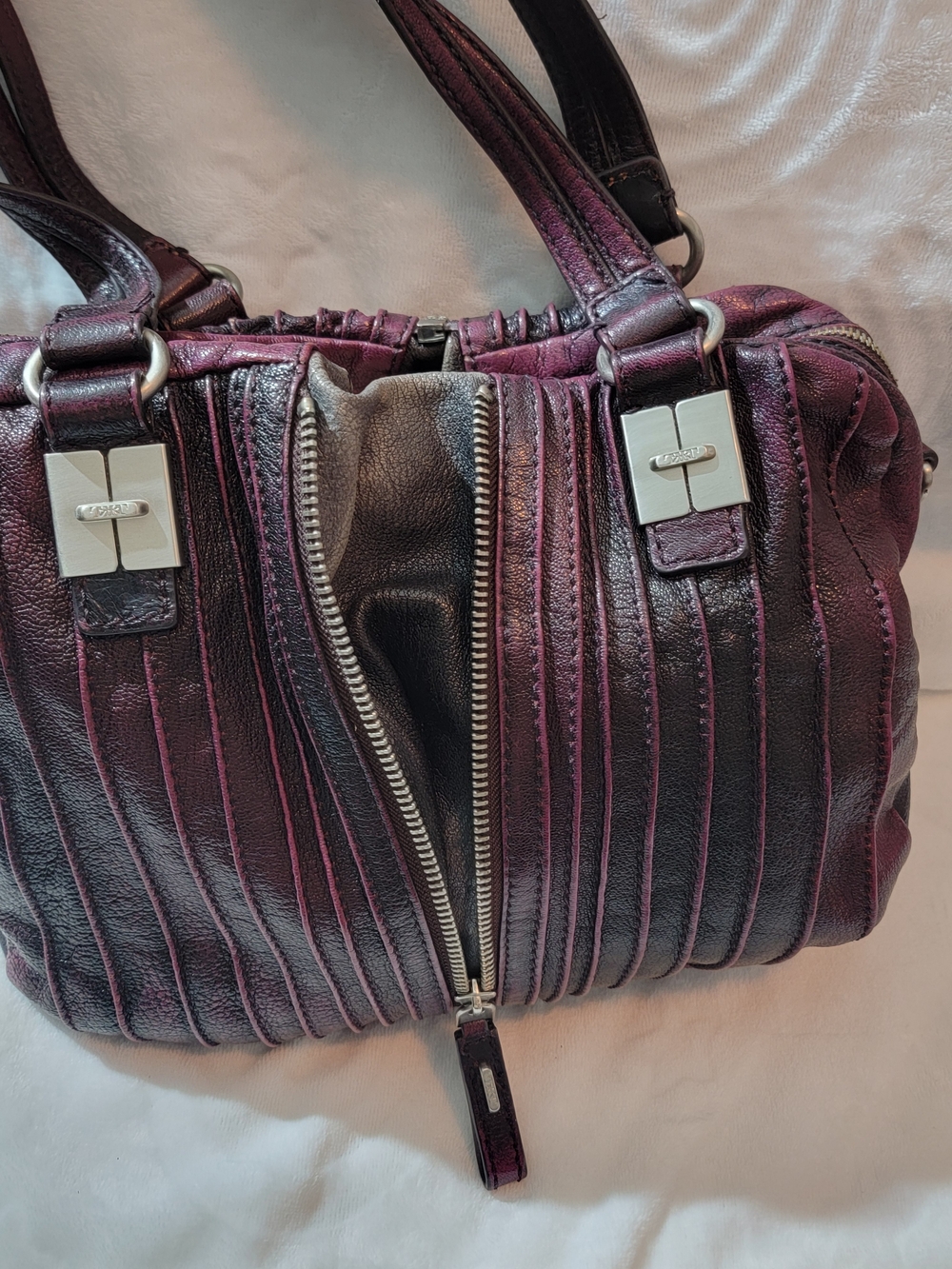 Plum Quilted Leather Shoulder Bag with Center Zip - Picture 7 of 12
